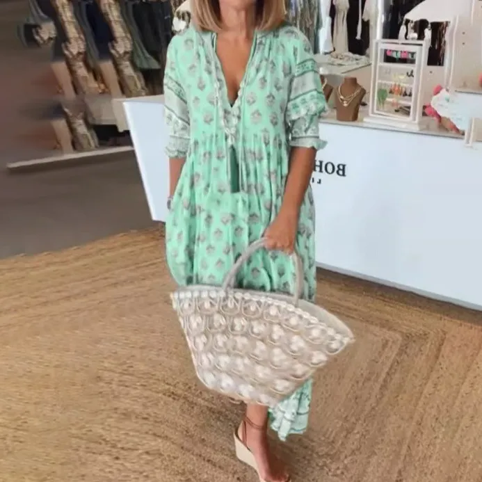 Women Fashion Casual Summer Boho Vacation Printed V-Neck Lantern Sleeve High Waist Large Swing Dress