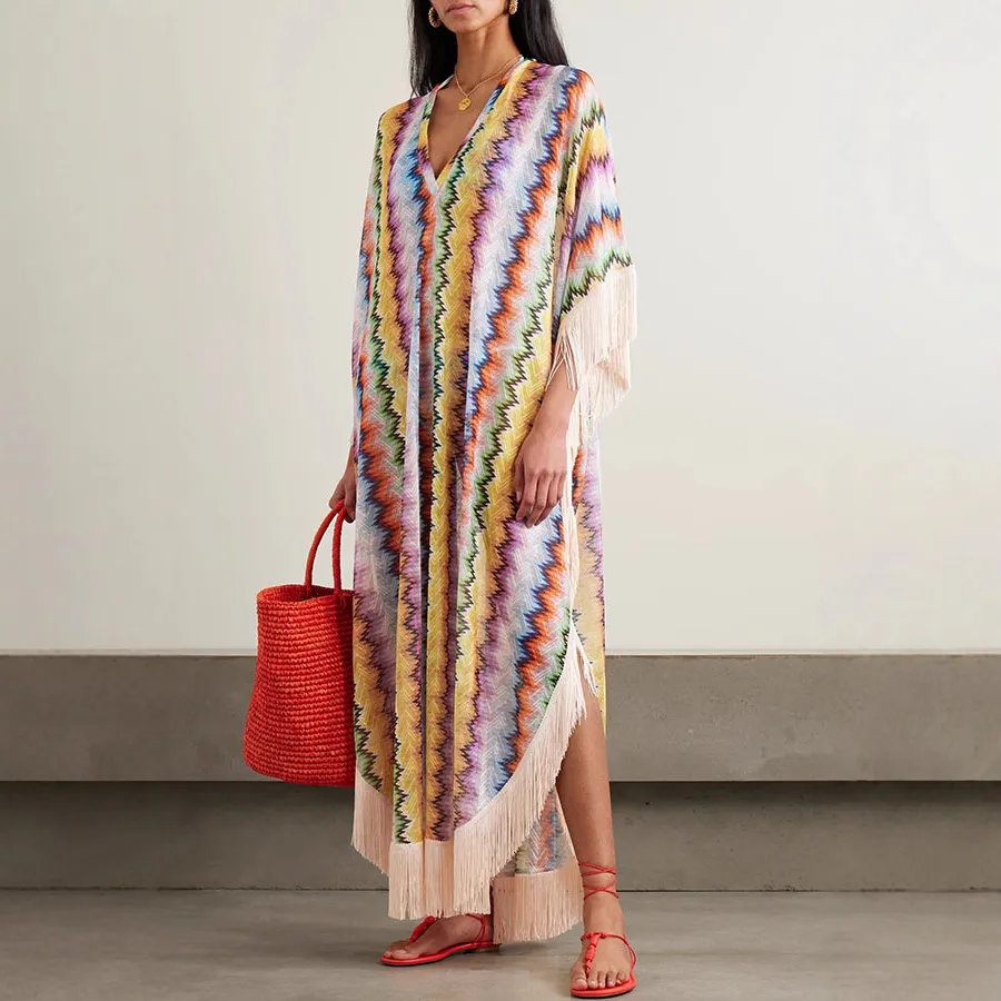 Women Fashion Summer Boho Vacation Color Block V-Neck Tassel Cuffs Loose Dress