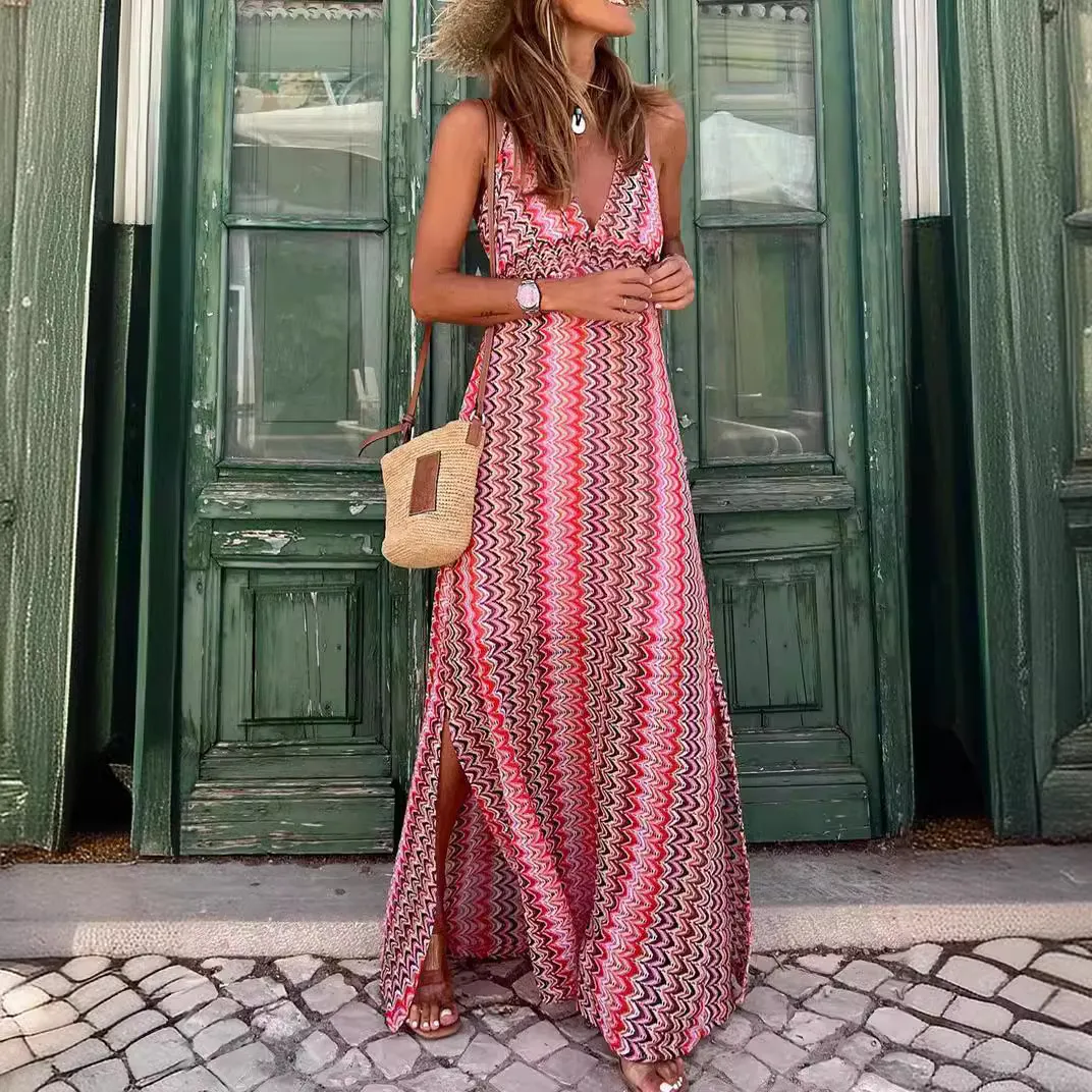 Women Fashion Summer Boho Vacation Print V-Neck Split Dress