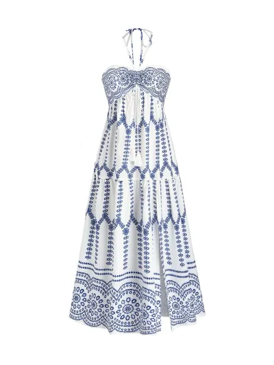 Women Fashion Summer Boho Vacation Print Halter-Neck Lace-Up Split Dress