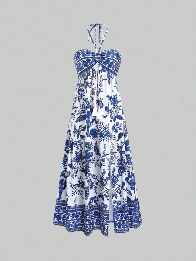 Women Fashion Summer Boho Vacation Print Halter-Neck Lace-Up Split Dress