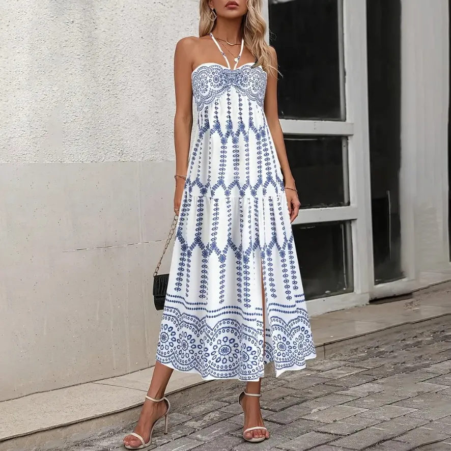 Women Fashion Summer Boho Vacation Print Halter-Neck Lace-Up Split Dress