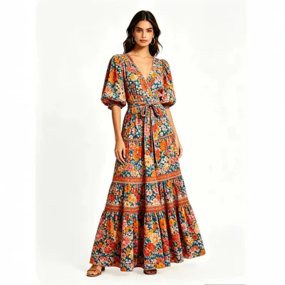 Women Fashion Boho Vacation Summer Ethnic Printed V-Neck Short-Sleeve Large Swing Dress
