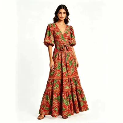 Women Fashion Boho Vacation Summer Ethnic Printed V-Neck Short-Sleeve Large Swing Dress