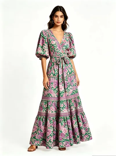 Women Fashion Boho Vacation Summer Ethnic Printed V-Neck Short-Sleeve Large Swing Dress