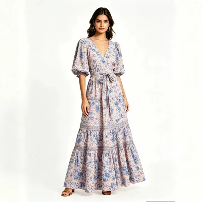 Women Fashion Boho Vacation Summer Ethnic Printed V-Neck Short-Sleeve Large Swing Dress