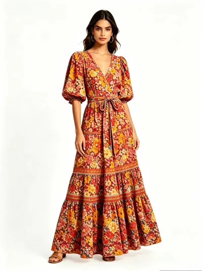 Women Fashion Boho Vacation Summer Ethnic Printed V-Neck Short-Sleeve Large Swing Dress