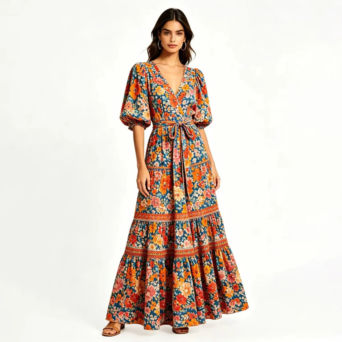 Women Fashion Boho Vacation Summer Ethnic Printed V-Neck Short-Sleeve Large Swing Dress