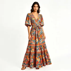 Women Fashion Boho Vacation Summer Ethnic Printed V-Neck Short-Sleeve Large Swing Dress
