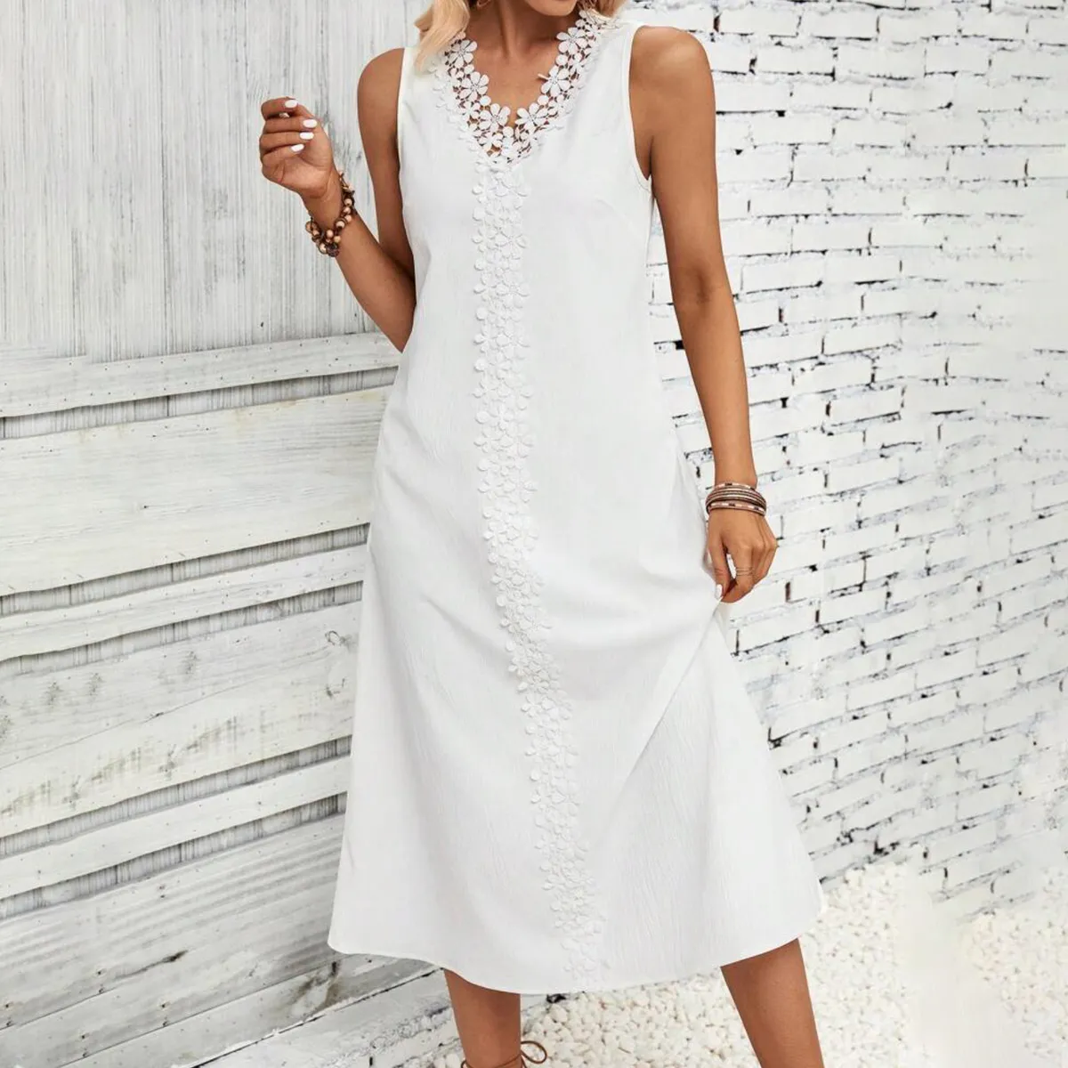 Women Fashion Casual Summer Boho Vacation Solid Color Lace Stitching Sleeveless Dress