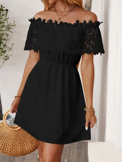 Women Fashion Summer Boho Vacation Lace Off-Shoulder Dress