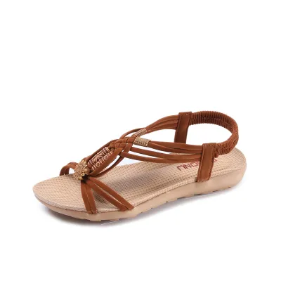 Women's Boho Beaded Suede Peep Toe Flat Sandals Plus Size