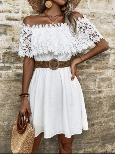 Women Fashion Summer Boho Vacation Lace Stitching Off-Shoulder Waist Dress