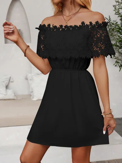 Women Fashion Summer Boho Vacation Lace Stitching Off-Shoulder Waist Dress