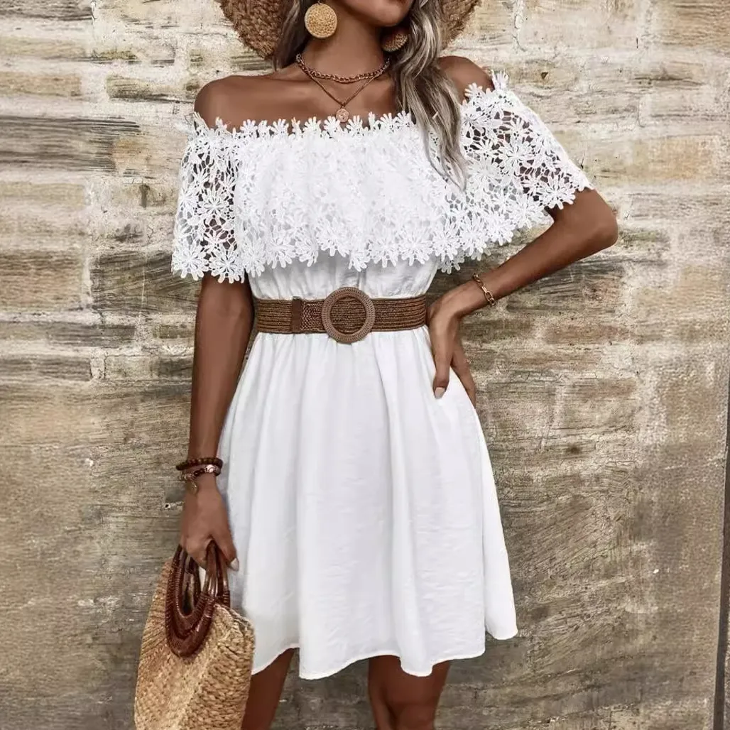 Women Fashion Summer Boho Vacation Lace Stitching Off-Shoulder Waist Dress