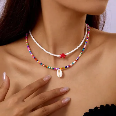 Women's Fashion Bohemian Multicolor Rice Bead Shell Pendant Necklace