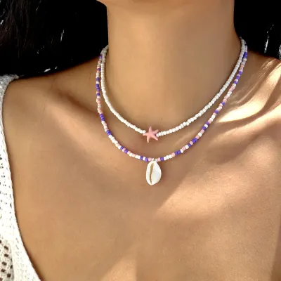 Women's Fashion Bohemian Multicolor Rice Bead Shell Pendant Necklace