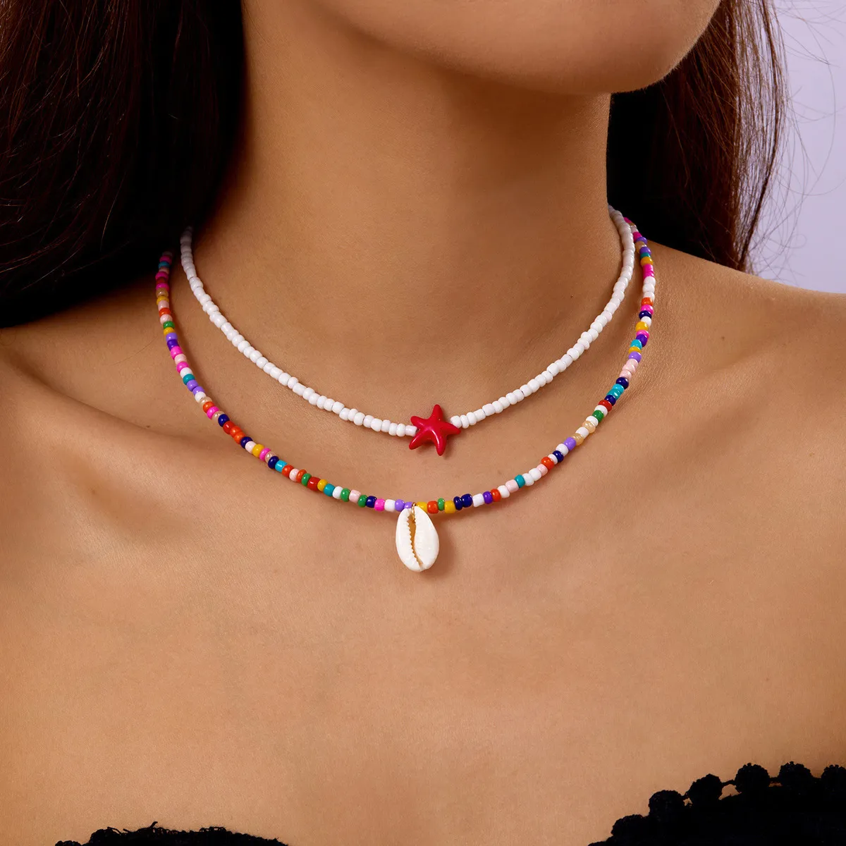 Women's Fashion Bohemian Multicolor Rice Bead Shell Pendant Necklace