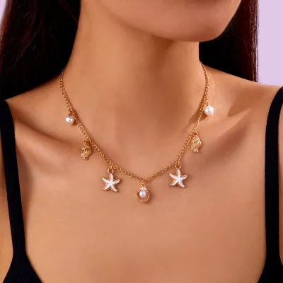 Women's Fashion Starfish Conch Shell Turtle Multi Pendant Zinc Alloy O-Chain Necklace