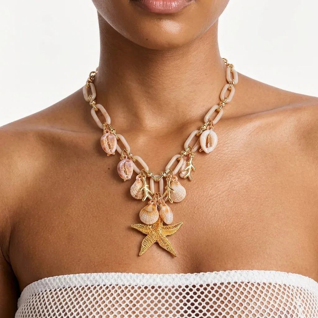 Women Fashion Summer Ocean Shell Starfish Resin Chain Necklace