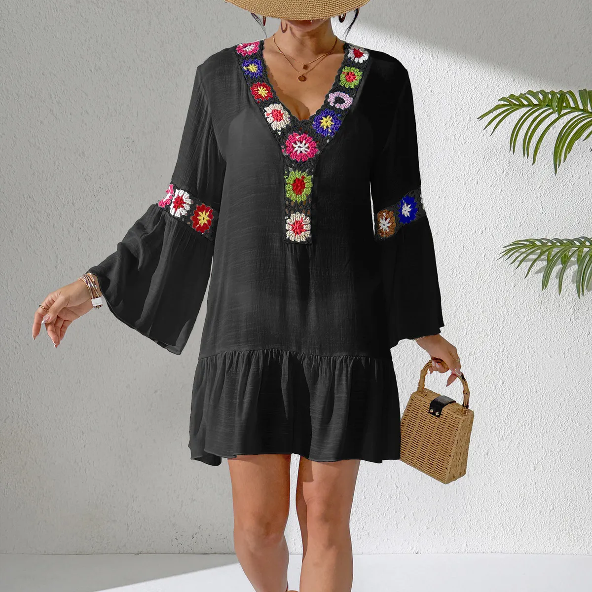 Women Fashion Ethnic Vacation Ruffled Stitching V-Neck Long-Sleeve Loose Swimsuit Cover-Ups