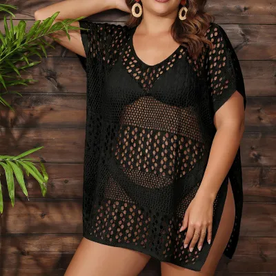 Women Fashion Sexy Plus Size Summer Solid Color Textured Crochet Hollow-Out Loose Swimsuit Cover-Ups