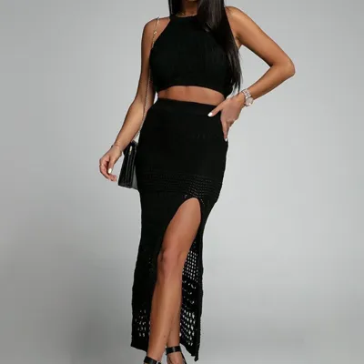 Women Fashion Sexy Solid Color Split Textured Crochet Resortwear Crop Top Skirt Set