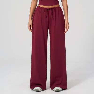 Women Casual Solid Color Wide-Leg Loose Drawstring Sports Pants
