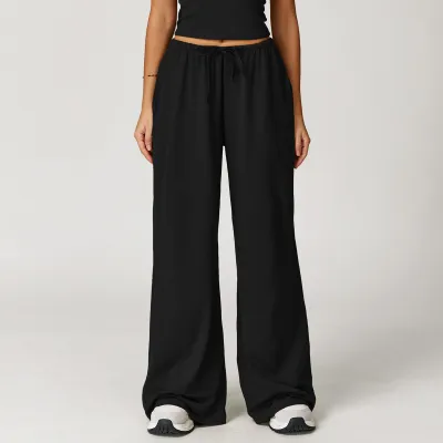 Women Casual Solid Color Wide-Leg Loose Drawstring Sports Pants