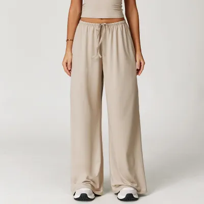 Women Casual Solid Color Wide-Leg Loose Drawstring Sports Pants