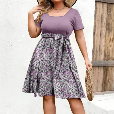 Women Fashion Casual Plus Size Flower Printed Round-Neck Short-Sleeve Waist-Cinching Dress