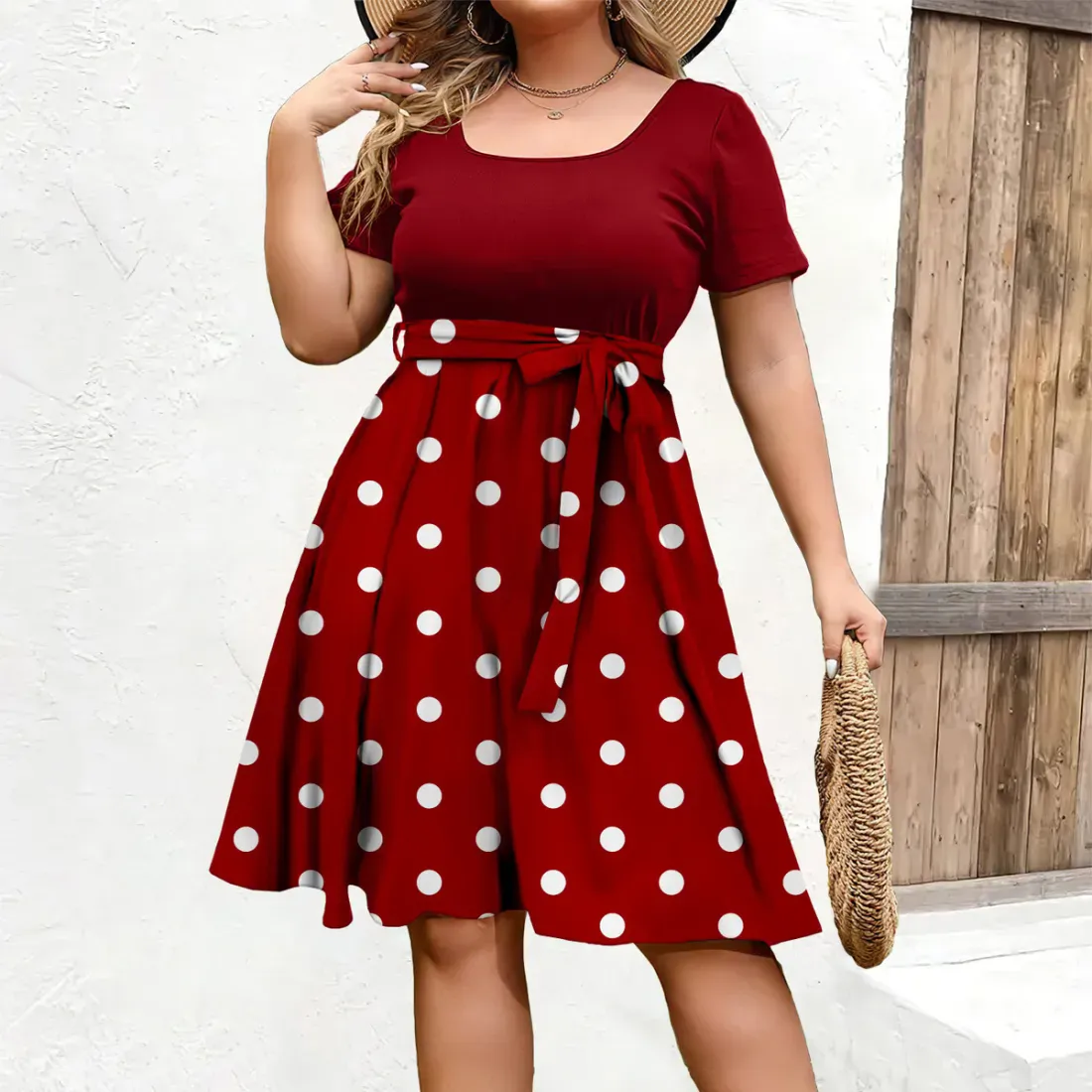 Women Fashion Elegant Plus Size Polka Dot Print Round Neck Short Sleeve A-Line Dress