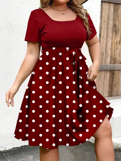 Women Fashion Elegant Plus Size Polka Dot Print Round Neck Short Sleeve A-Line Dress