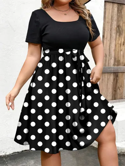 Women Fashion Elegant Plus Size Polka Dot Print Round Neck Short Sleeve A-Line Dress