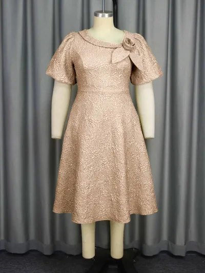 Women Fashion Elegant Plus Size Solid Color Jacquard Puff Sleeve High Waist Evening Party Dress