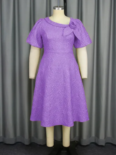 Women Fashion Elegant Plus Size Solid Color Jacquard Puff Sleeve High Waist Evening Party Dress