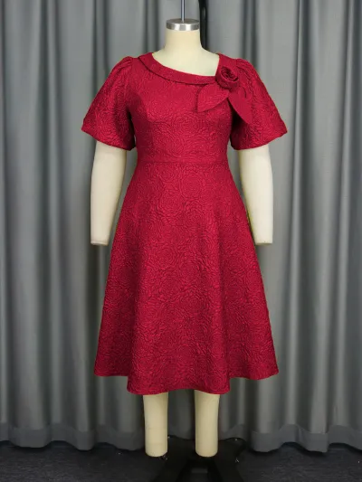Women Fashion Elegant Plus Size Solid Color Jacquard Puff Sleeve High Waist Evening Party Dress