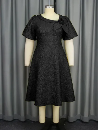 Women Fashion Elegant Plus Size Solid Color Jacquard Puff Sleeve High Waist Evening Party Dress