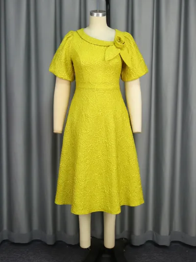 Women Fashion Elegant Plus Size Solid Color Jacquard Puff Sleeve High Waist Evening Party Dress