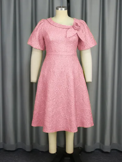 Women Fashion Elegant Plus Size Solid Color Jacquard Puff Sleeve High Waist Evening Party Dress