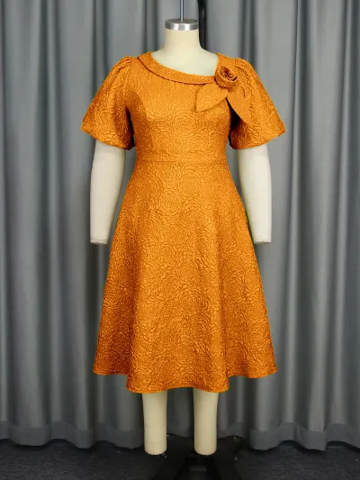 Women Fashion Elegant Plus Size Solid Color Jacquard Puff Sleeve High Waist Evening Party Dress