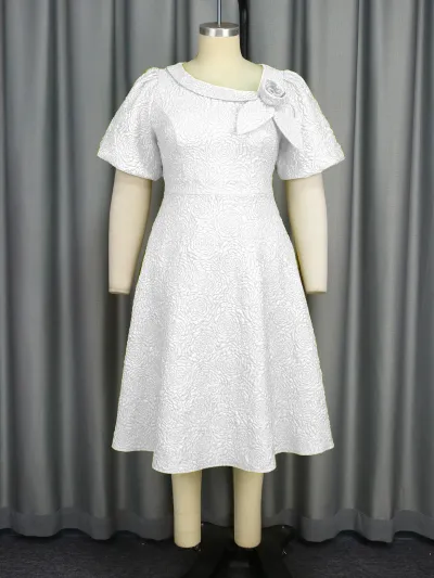 Women Fashion Elegant Plus Size Solid Color Jacquard Puff Sleeve High Waist Evening Party Dress
