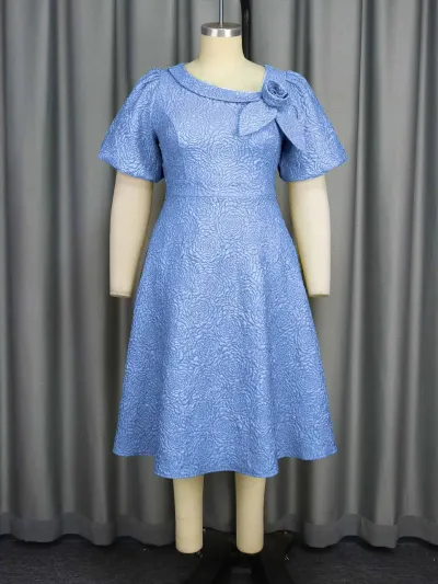 Women Fashion Elegant Plus Size Solid Color Jacquard Puff Sleeve High Waist Evening Party Dress