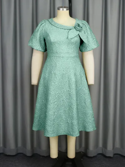Women Fashion Elegant Plus Size Solid Color Jacquard Puff Sleeve High Waist Evening Party Dress