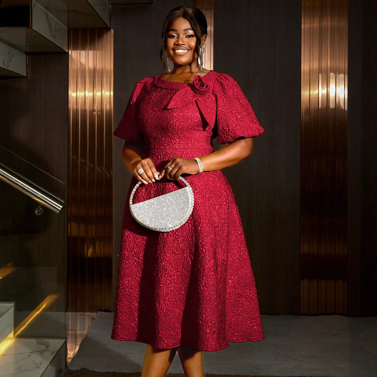 Women Fashion Elegant Plus Size Solid Color Jacquard Puff Sleeve High Waist Evening Party Dress