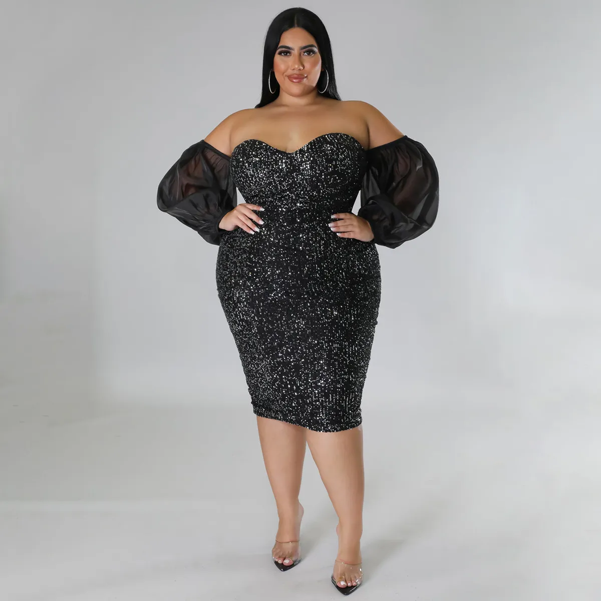 Women Fashion Sexy Plus Size Solid Color Sequin Mesh Off-Shoulder Long-Sleeve Evening Dress