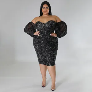 Women Fashion Sexy Plus Size Solid Color Sequin Mesh Off-Shoulder Long-Sleeve Evening Dress