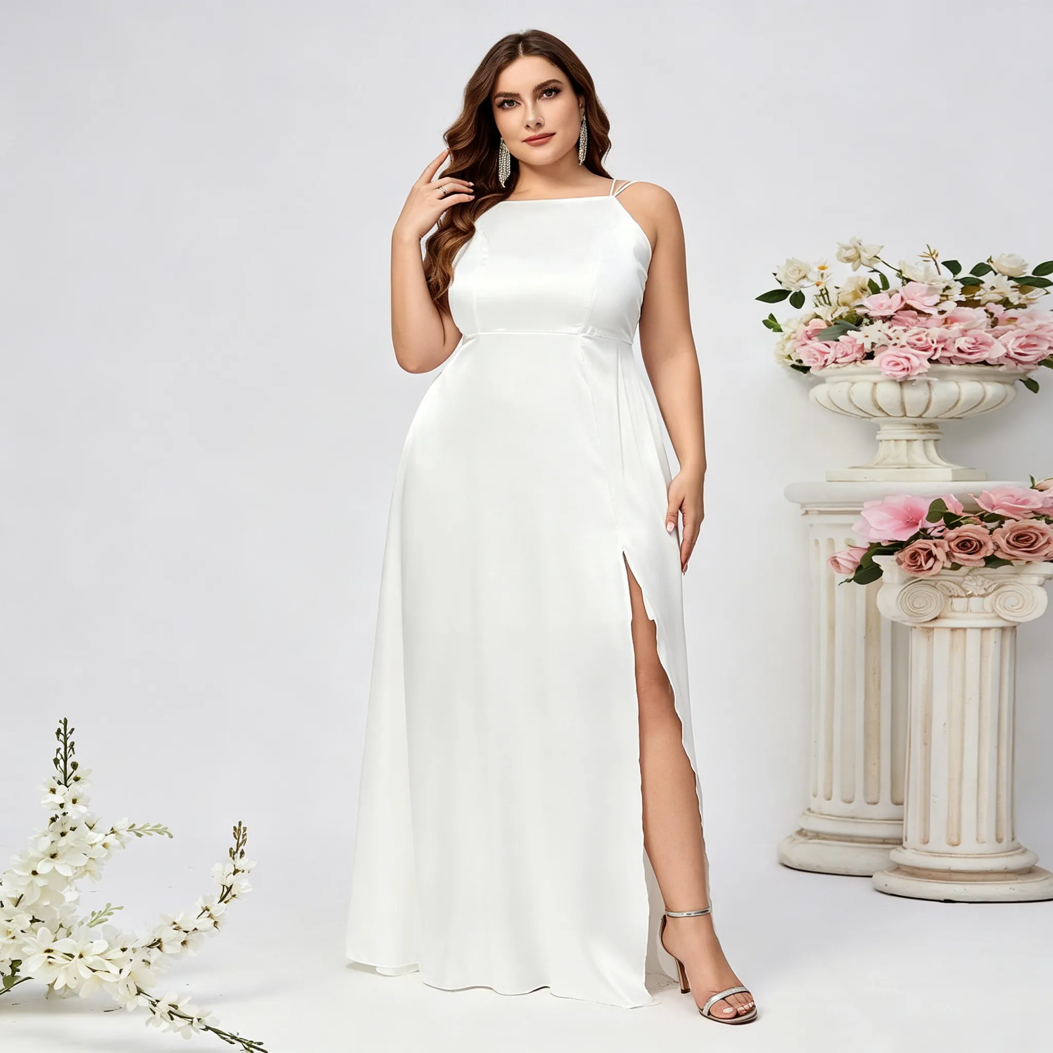 Women Fashion Sexy Plus Size Solid Color Spaghetti Strap Split Evening Dress
