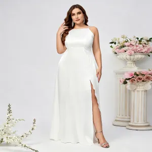 Women Fashion Sexy Plus Size Solid Color Spaghetti Strap Split Evening Dress