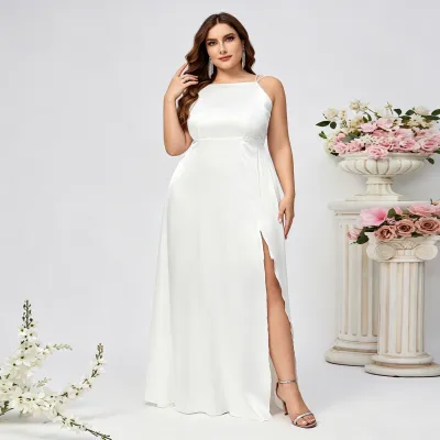 Women Fashion Sexy Plus Size Solid Color Spaghetti Strap Split Evening Dress